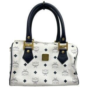 MCM Boston Bag White Monogram Vitesse Navy Blue